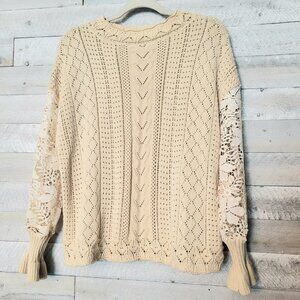 Cream Cable Knit Sweater Crochet Sleeve Flared Cuff Cotton Boho Coastal Cowgirl.